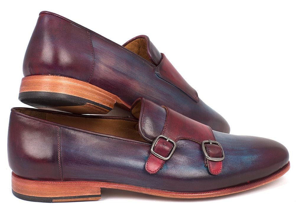 Paul Parkman Men's Leather Double Monkstraps in Bordeaux and Navy