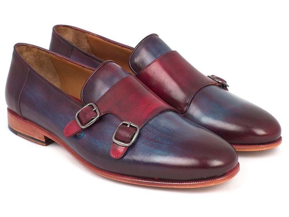 Paul Parkman Men's Leather Double Monkstraps in Bordeaux and Navy