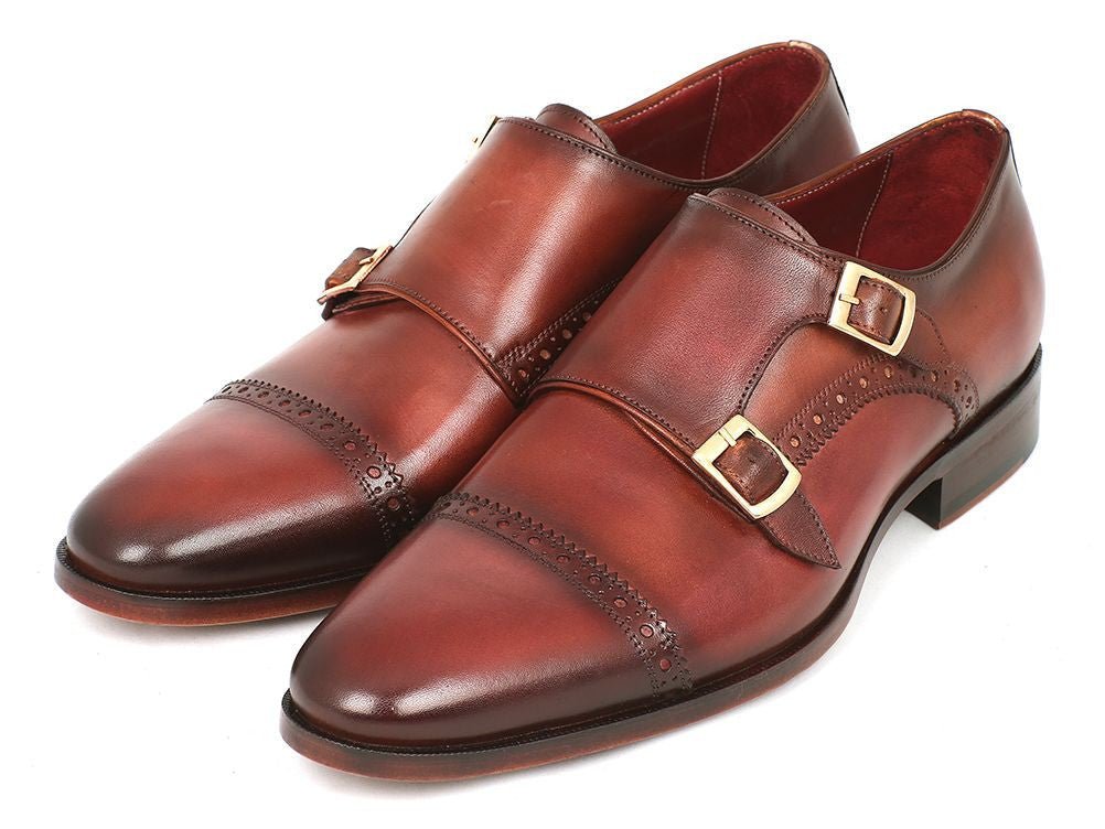 Paul Parkman Men's Leather Double Monkstraps in Camel and Light Brown