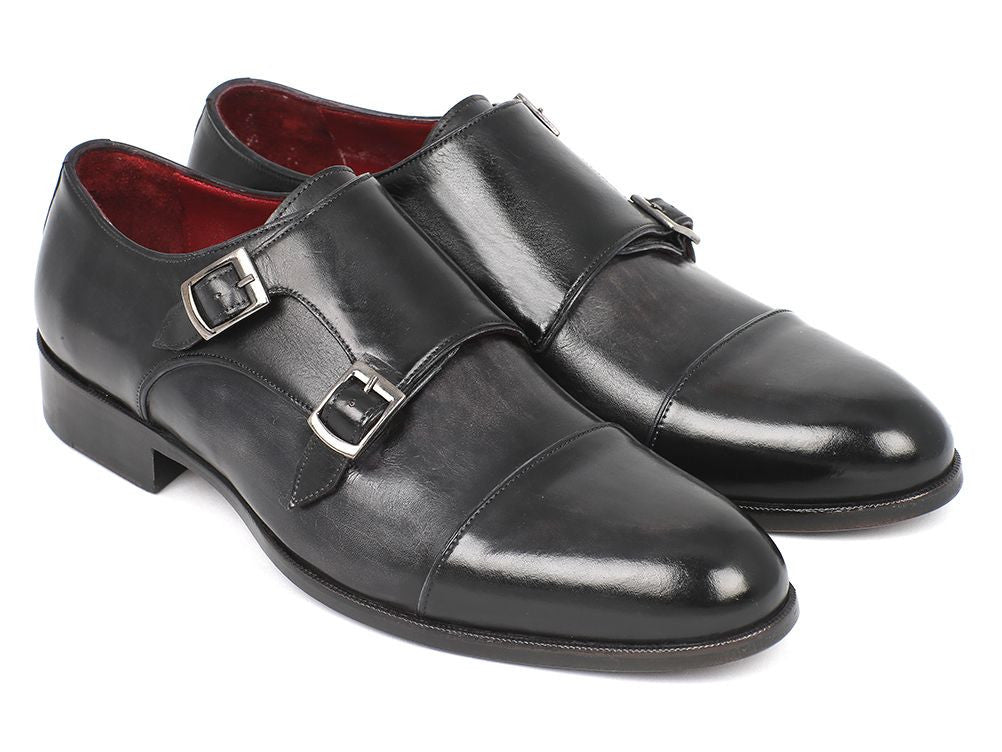 Paul Parkman Men's Leather Double Monkstraps in Gray and Black