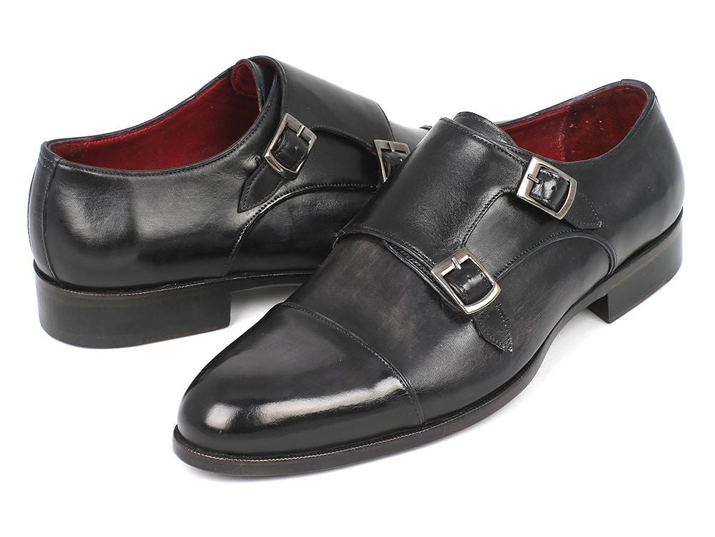 Paul Parkman Men's Leather Double Monkstraps in Gray and Black
