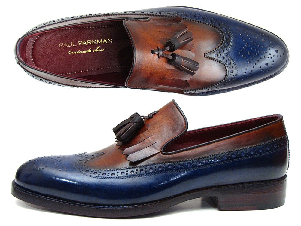 Paul Parkman Men's Leather Kiltie Tassel Loafers in Navy and Tobacco