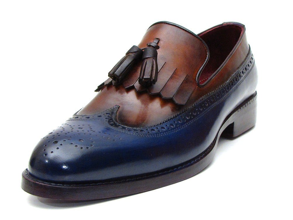 Paul Parkman Men's Leather Kiltie Tassel Loafers in Navy and Tobacco