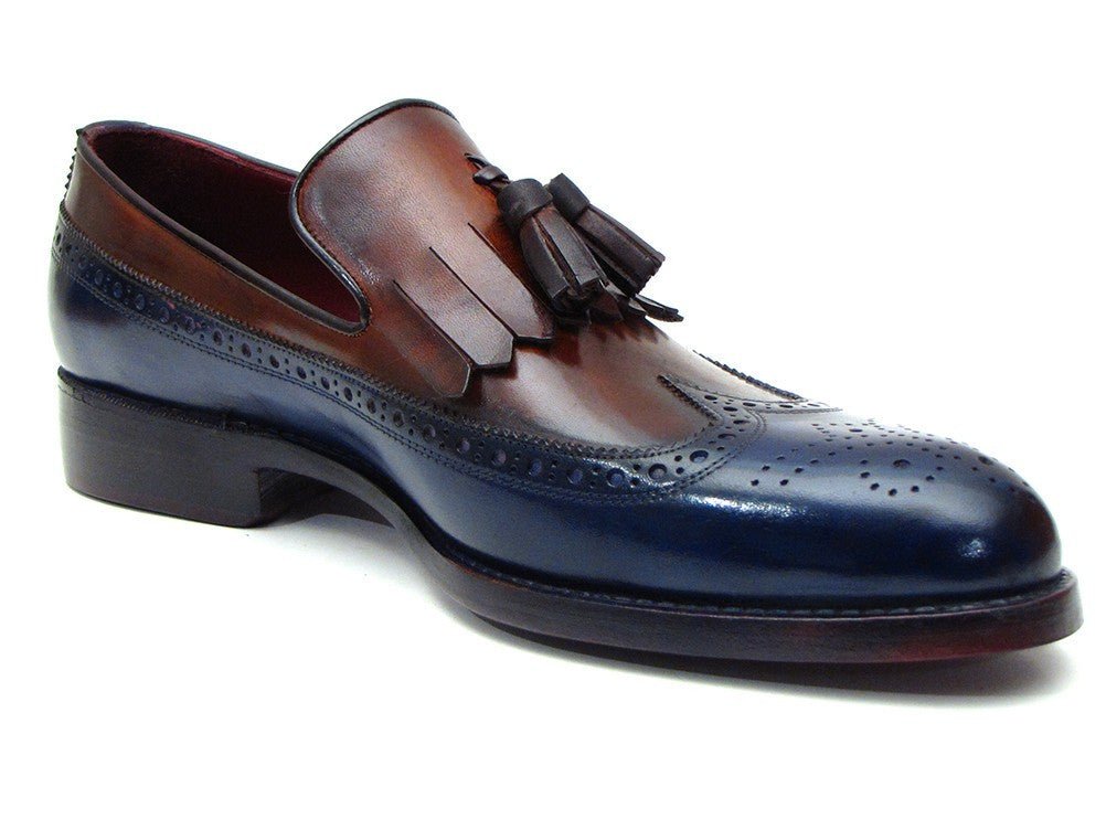 Paul Parkman Men's Leather Kiltie Tassel Loafers in Navy and Tobacco