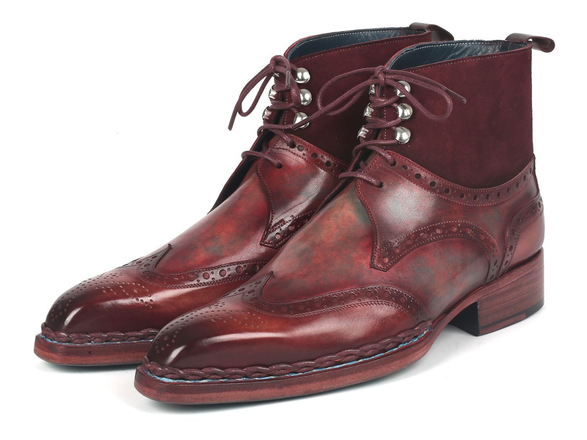 Paul Parkman Men's Norwegian Welted Wingtip Leather and Suede Boots (ID8509 BUR)