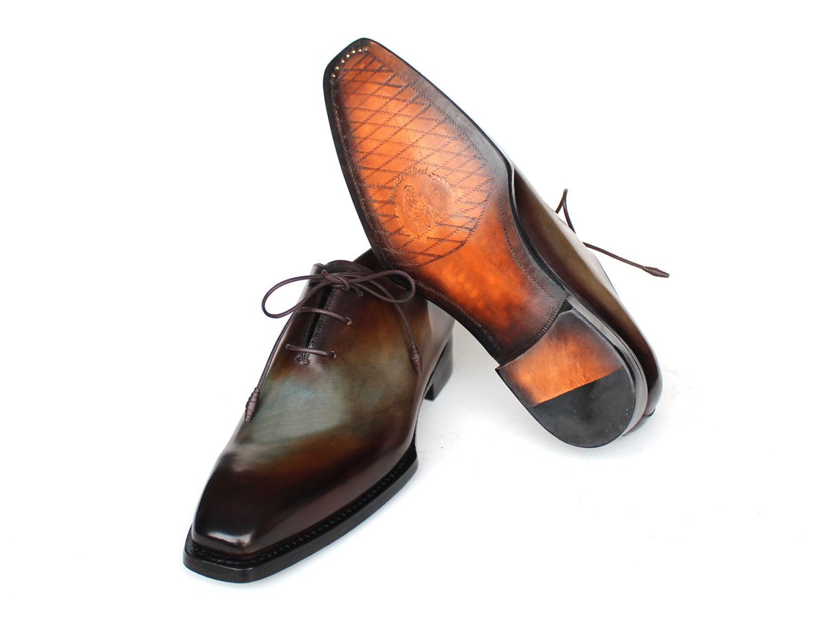 Paul Parkman Men's Patina Goodyear Welted Wholecut Oxfords in Brown and Blue