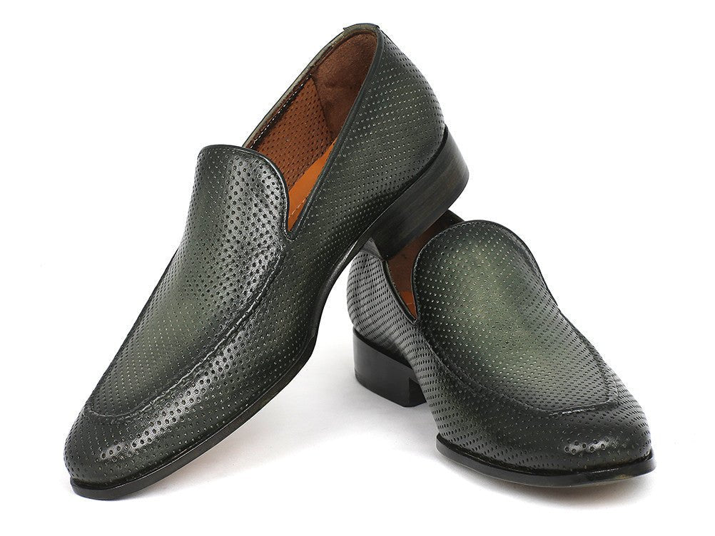 Paul Parkman Men's Perforated Leather Loafers in Green