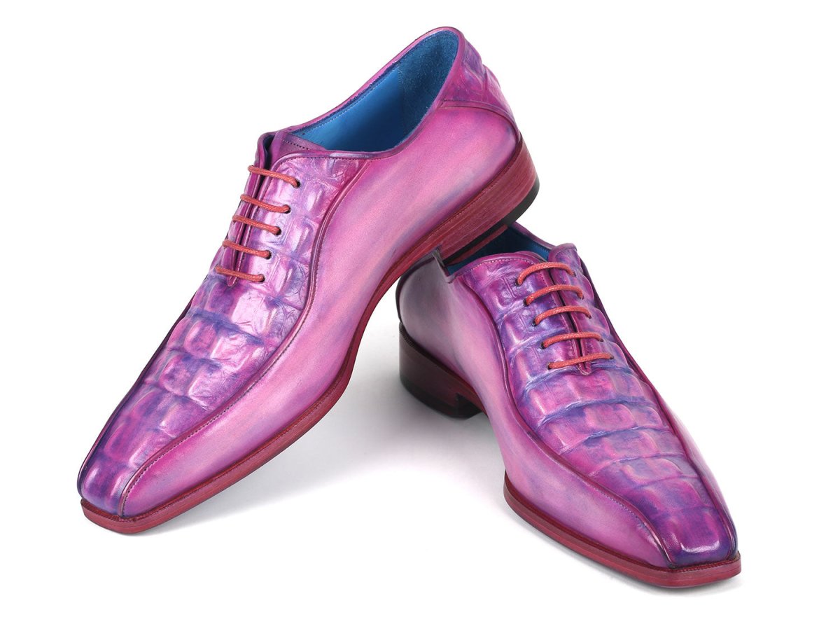 Paul Parkman Men's Purple Croco Textured Leather Bicycle Toe Oxfords (ID94 277)