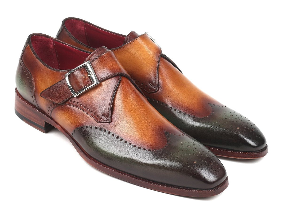 Paul Parkman Men's Single Monkstraps in Green and Camel