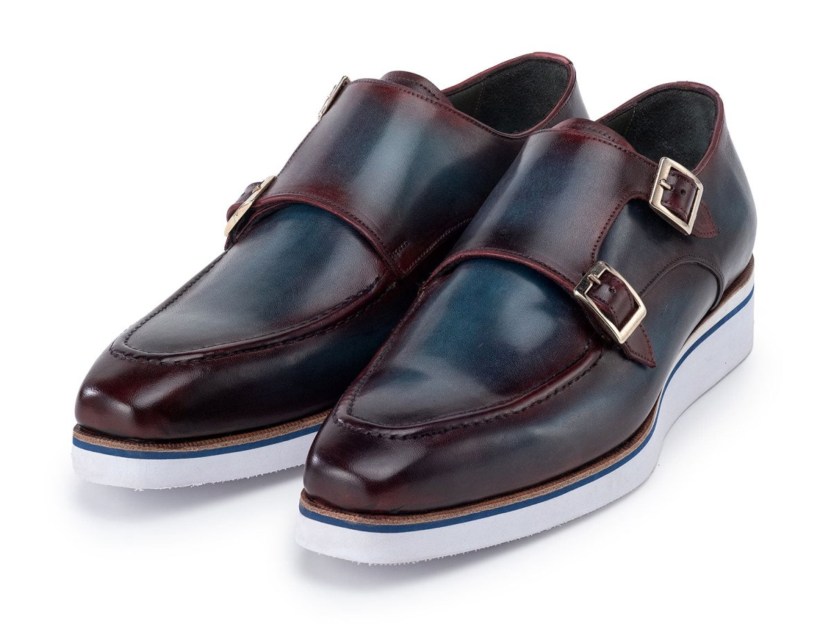Paul Parkman Men's Smart Casual Monkstraps Blue and Bordeaux Patina (ID189 BLU BRD)
