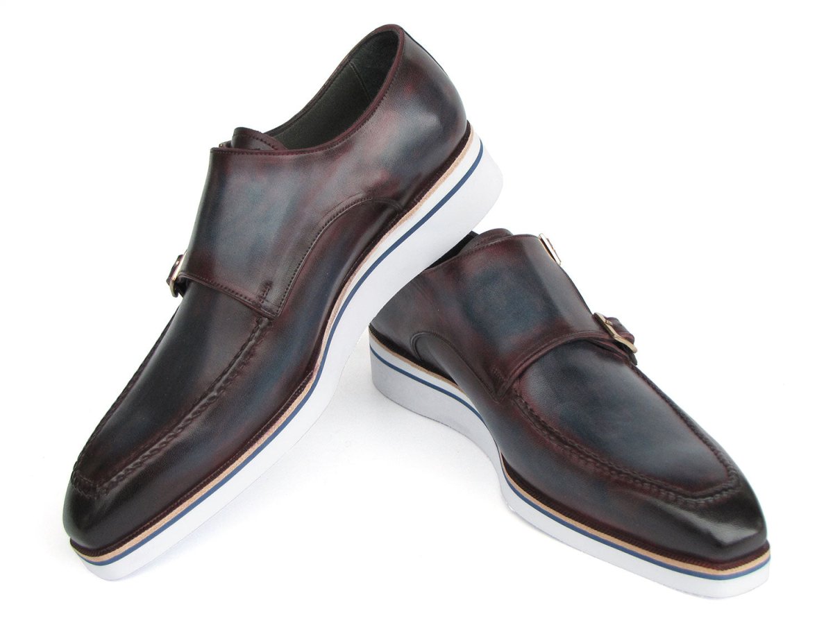 Paul Parkman Men's Smart Casual Monkstraps Blue and Bordeaux Patina