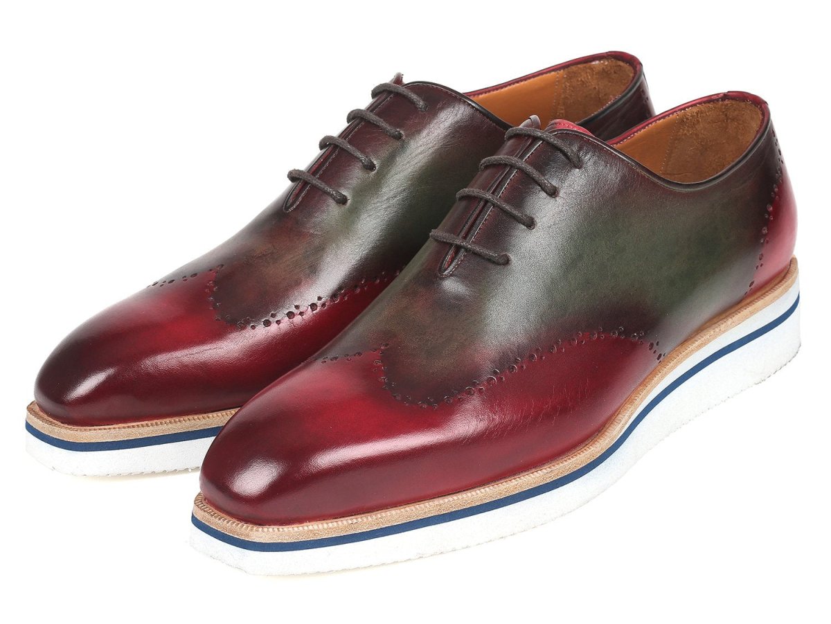 Paul Parkman Men's Smart Casual Wingtip Oxfords in Bordeaux and Green