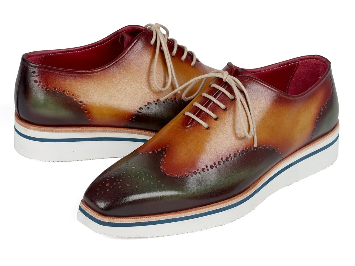 Paul Parkman Men's Smart Casual Wingtip Oxfords in Green and Camel