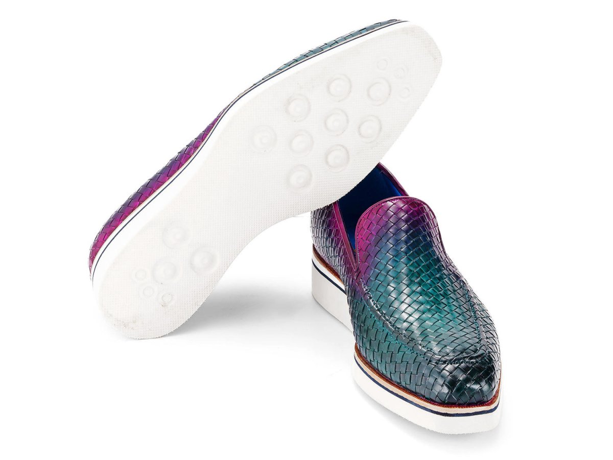 Paul Parkman Men's Smart Casual Woven Leather Loafers in Green and Purple