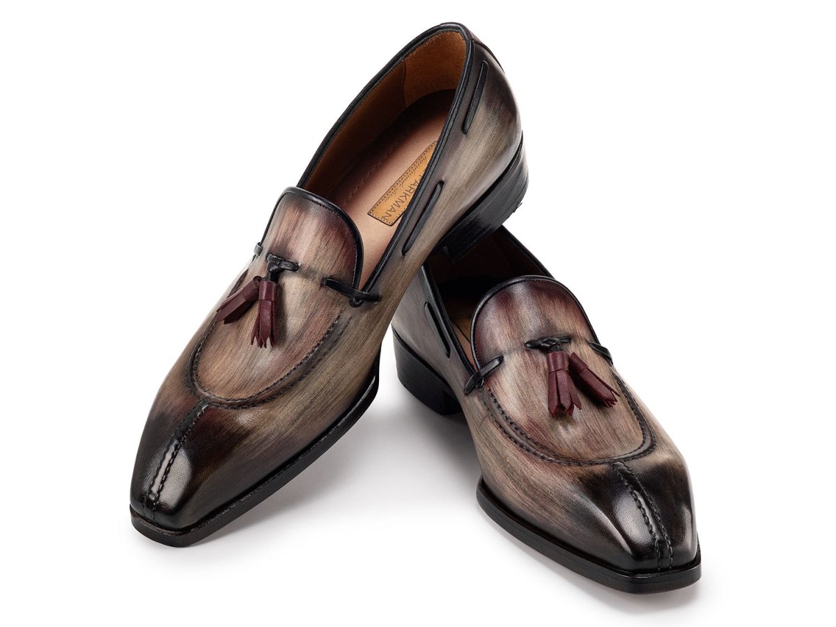 Paul Parkman Men's Split Toe Tassel Loafers Brown Patina Leather (ID8135 BRW)