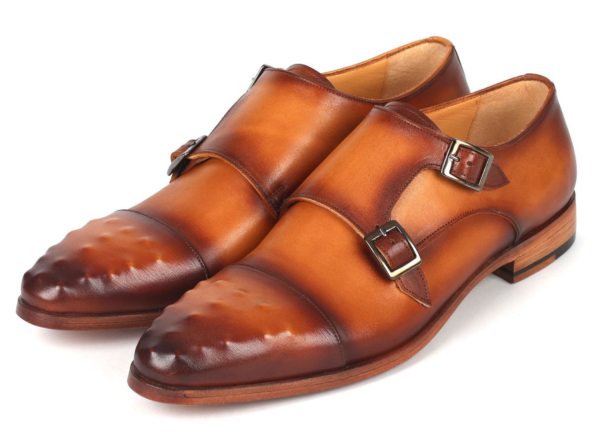 Paul Parkman Men's Studded Cap Toe Monkstraps Light Brown (ID047 CML)