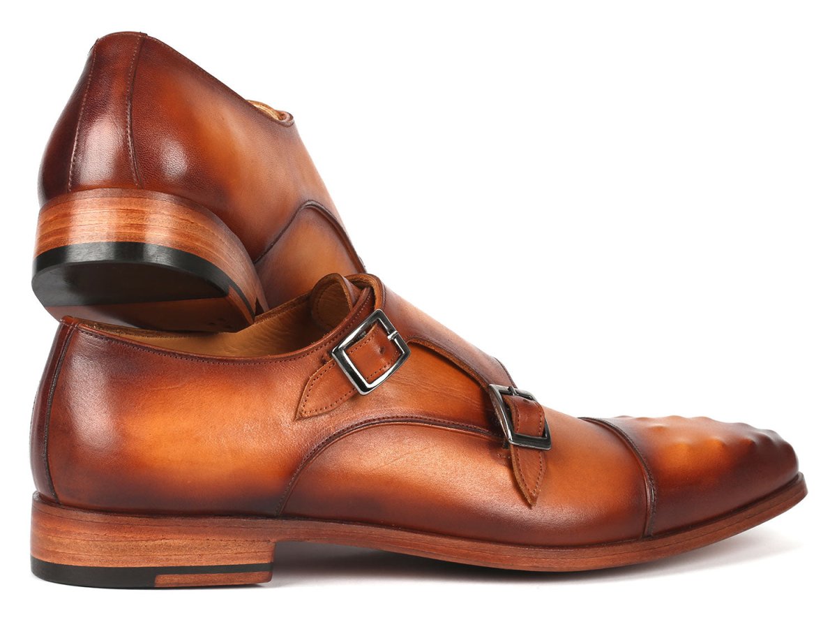 Paul Parkman Men's Studded Cap Toe Monkstraps Light Brown (ID047 CML)