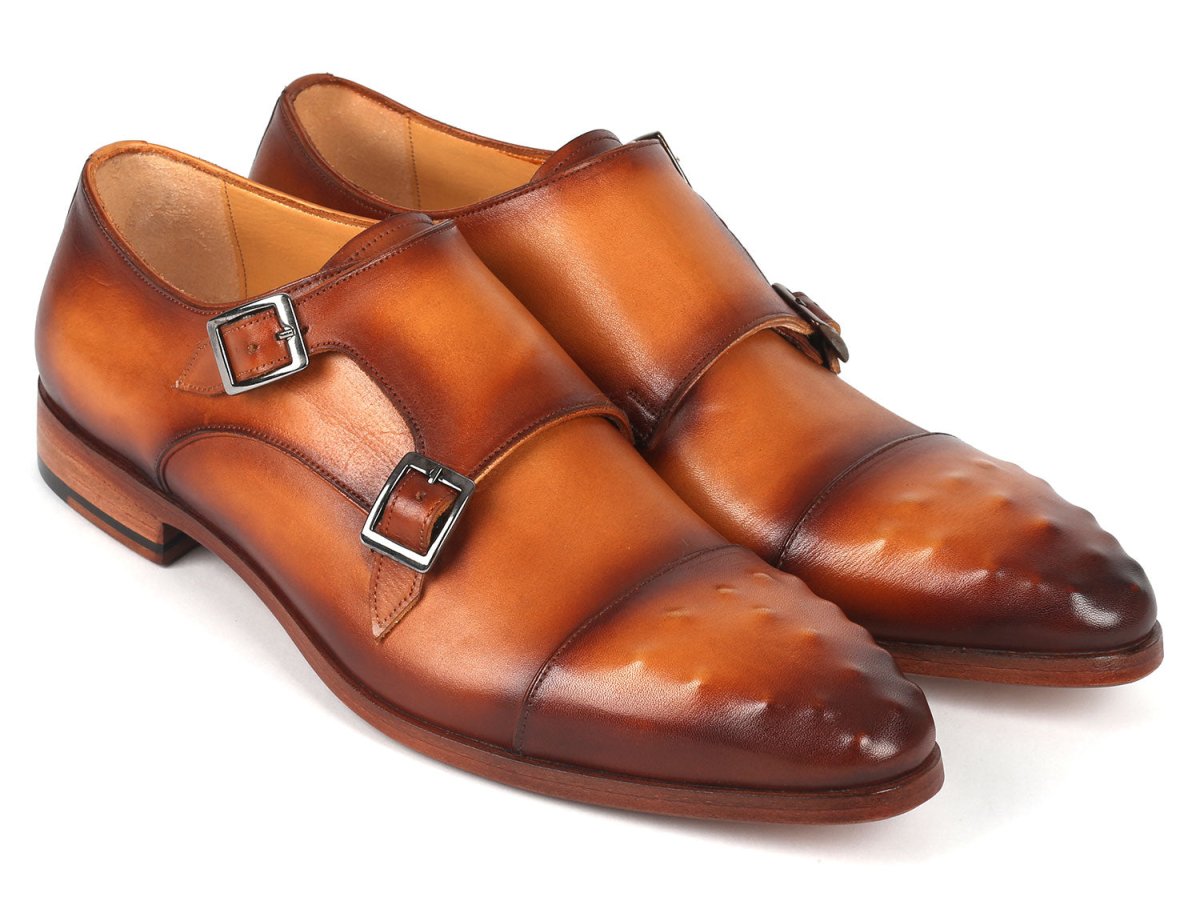 Paul Parkman Men's Studded Cap Toe Monkstraps Light Brown (ID047 CML)