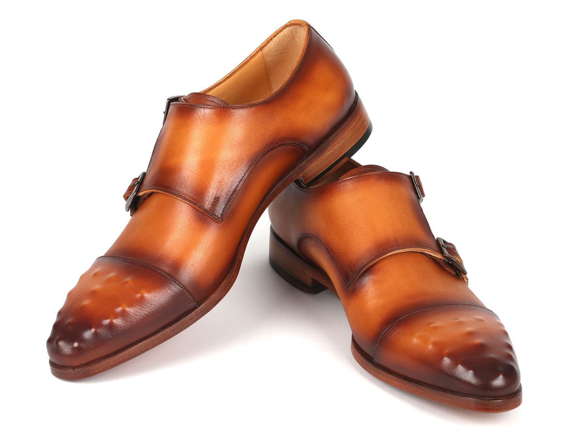 Paul Parkman Men's Studded Cap Toe Monkstraps Light Brown (ID047 CML)