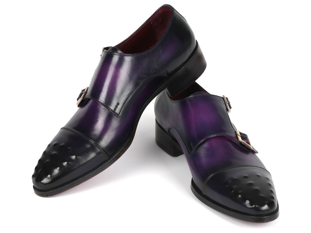 Paul Parkman Men's Studded Cap Toe Monkstraps Purple (ID047 PRP)