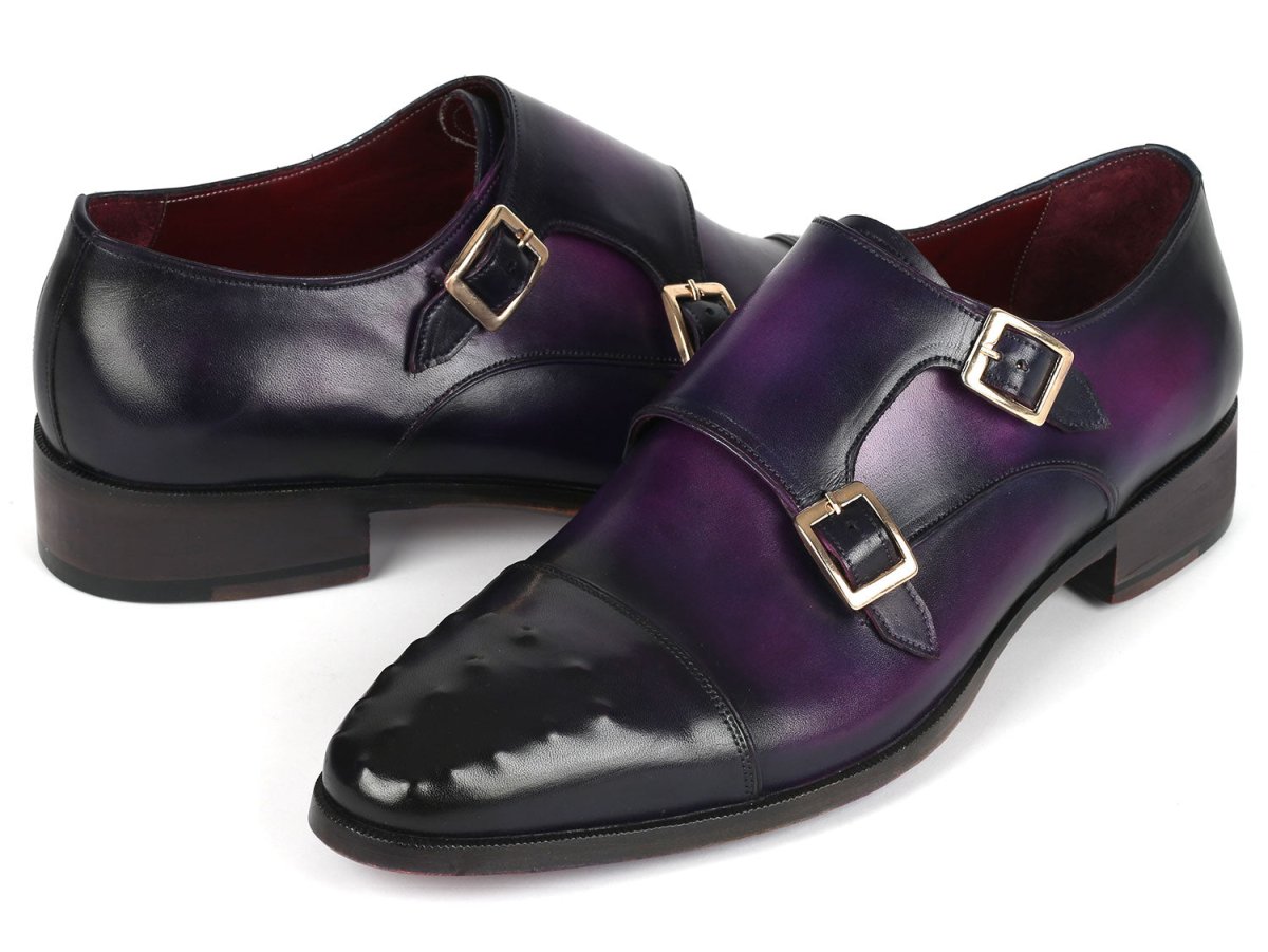 Paul Parkman Men's Studded Cap Toe Monkstraps Purple (ID047 PRP)