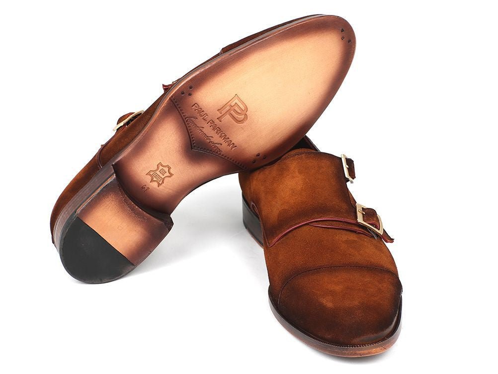 Paul Parkman Men's Suede Captoe Double Monkstraps in Camel