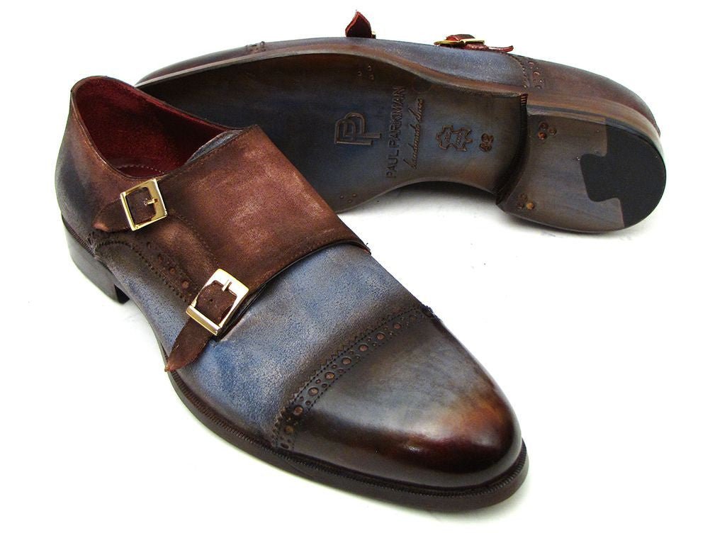 Paul Parkman Men's Suede Double Monkstraps in Antique Blue and Brown