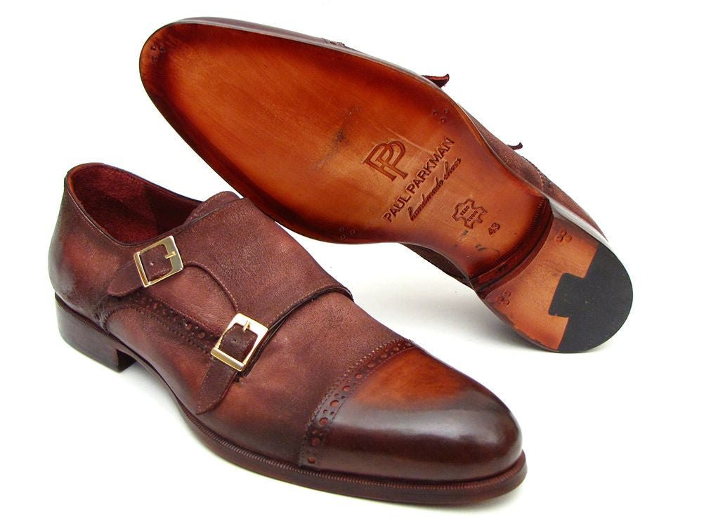 Paul Parkman Men's Suede Double Monkstraps in Antique Brown
