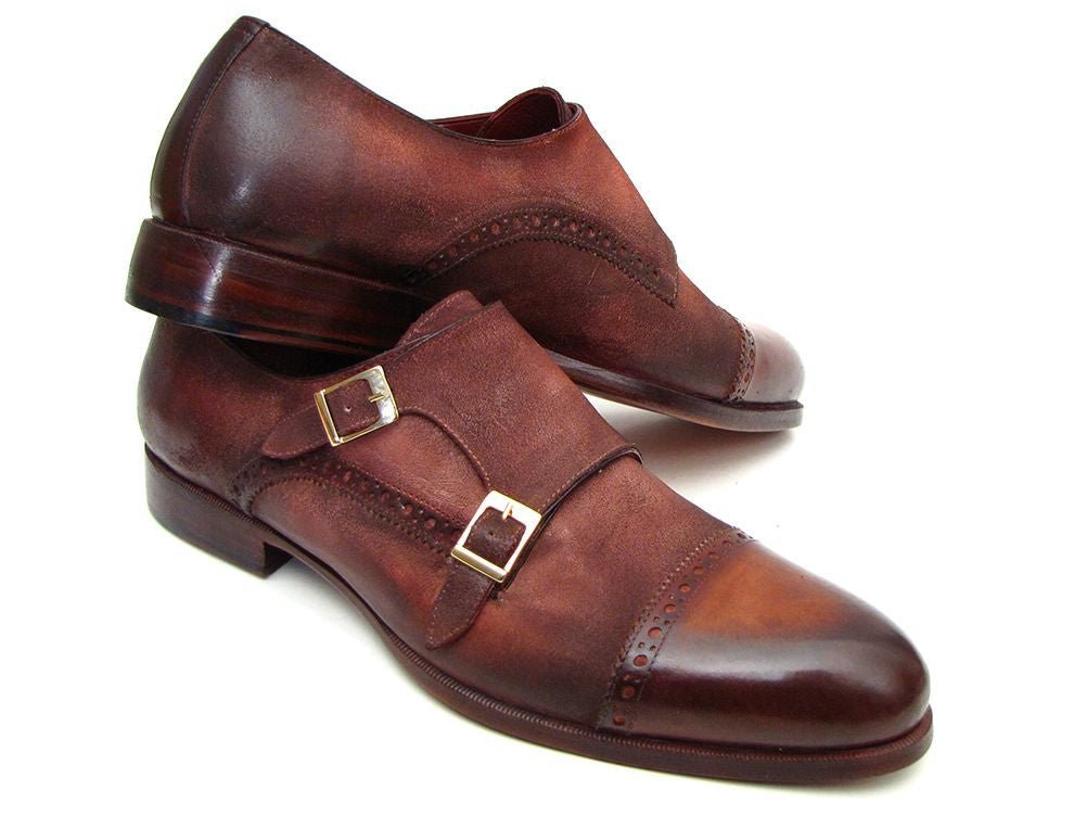 Paul Parkman Men's Suede Double Monkstraps in Antique Brown