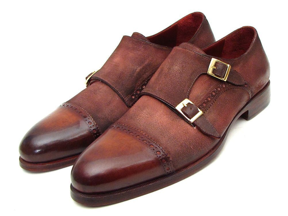 Paul Parkman Men's Suede Double Monkstraps in Antique Brown