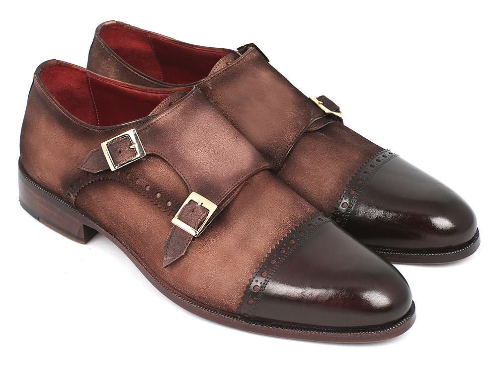 Paul Parkman Men's Suede Double Monkstraps in Brown and Beige