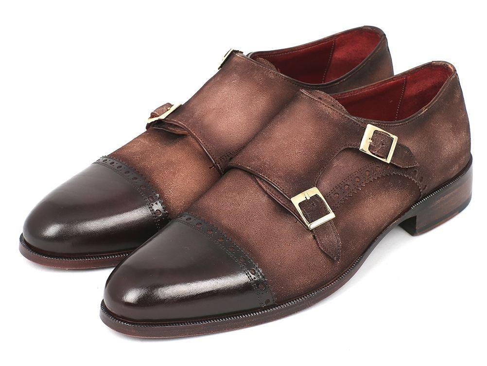 Paul Parkman Men's Suede Double Monkstraps in Brown and Beige