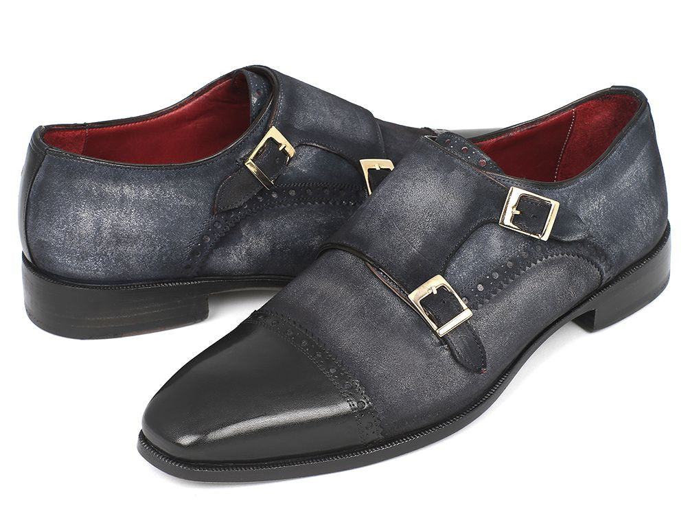 Paul Parkman Men's Suede Double Monkstraps in Navy