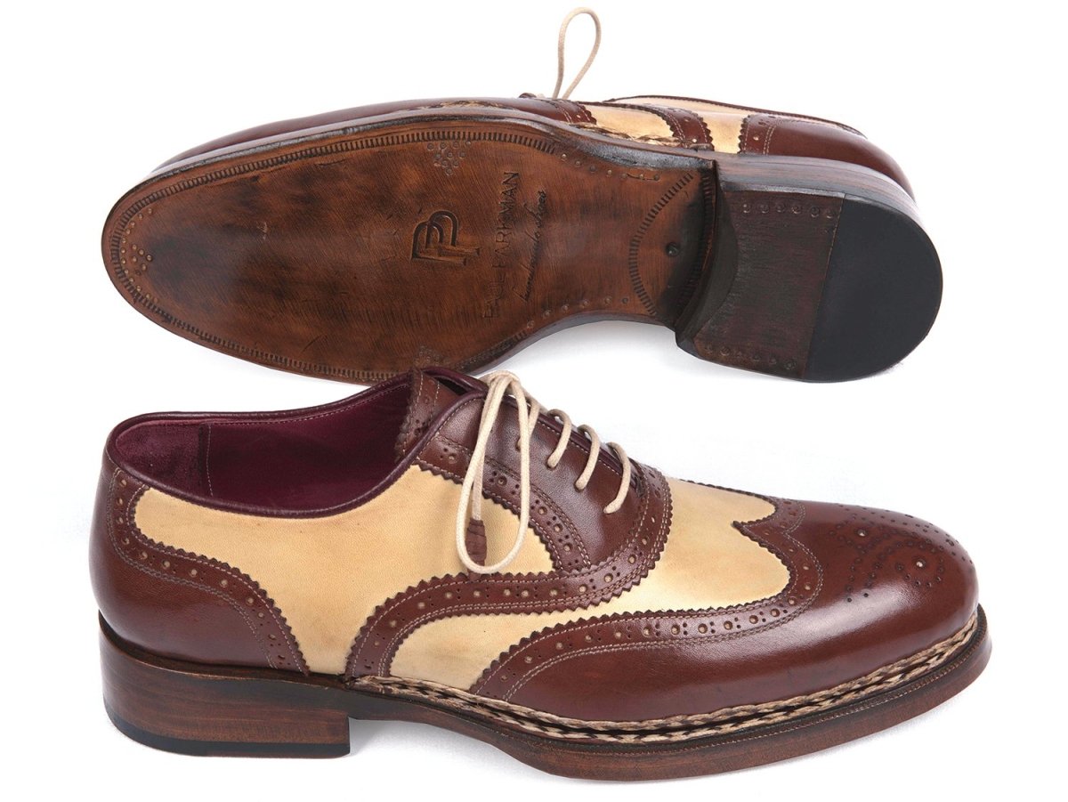 Paul Parkman Men's Triple Leather Sole Wingtip Brogues in Beige and Brown