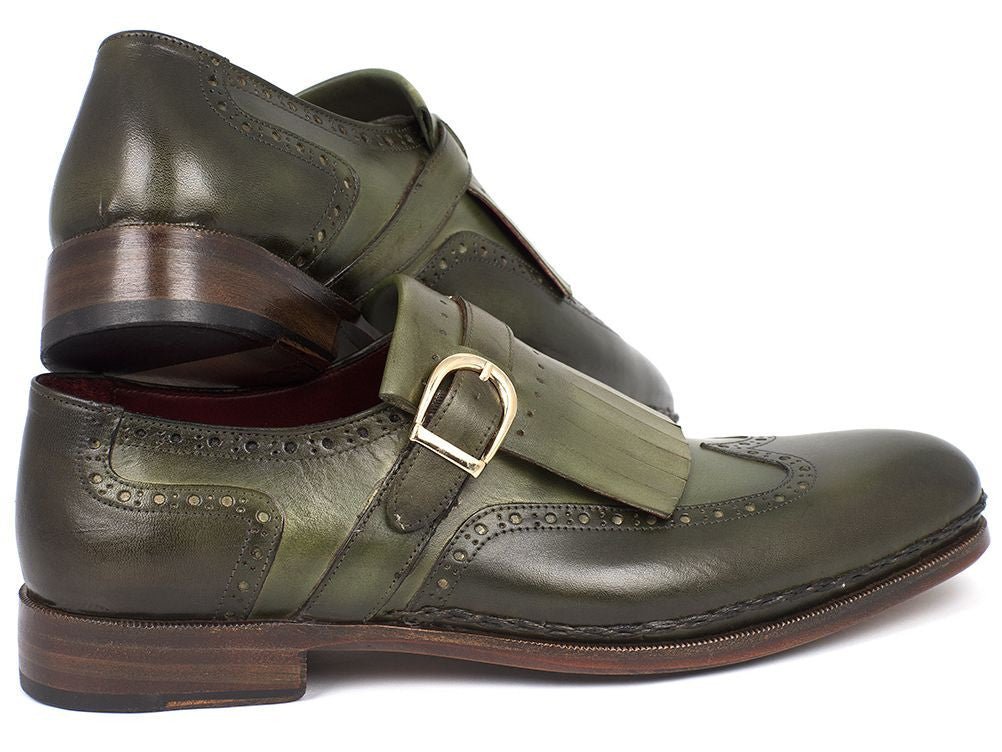 Paul Parkman Men's Wingtip Monkstrap Brogues Green Hand - Painted Leather Upper With Double Leather Sole (ID060 - GREEN)