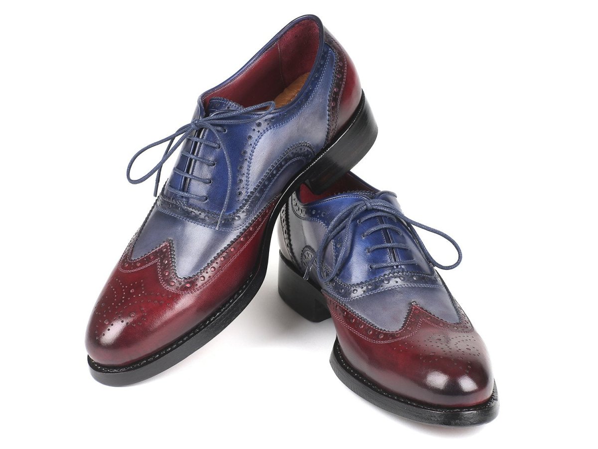 Paul Parkman Men's Wingtip Oxfords Goodyear Welted in Bordeaux, Grey and Blue