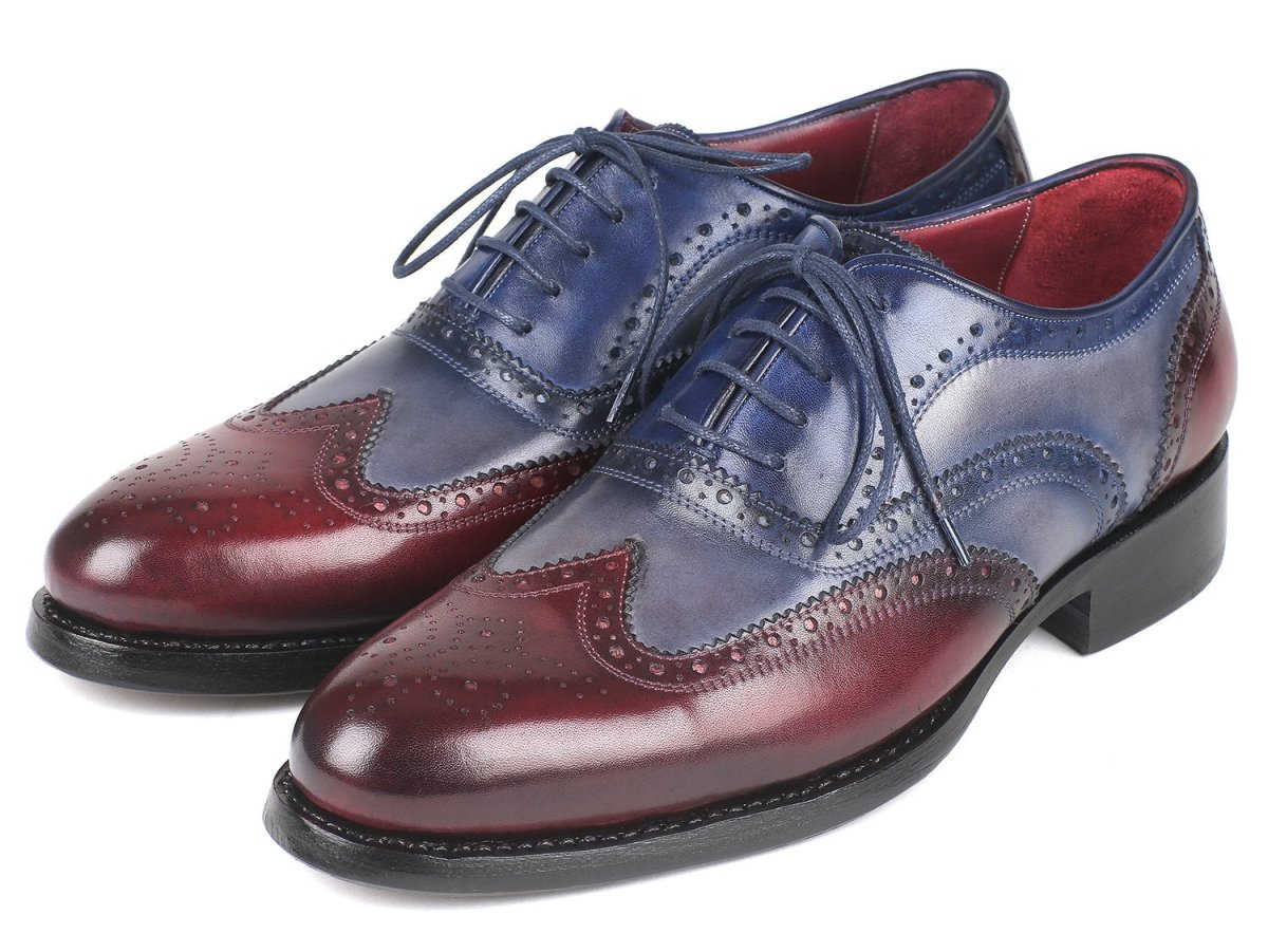 Paul Parkman Men's Wingtip Oxfords Goodyear Welted in Bordeaux, Grey and Blue
