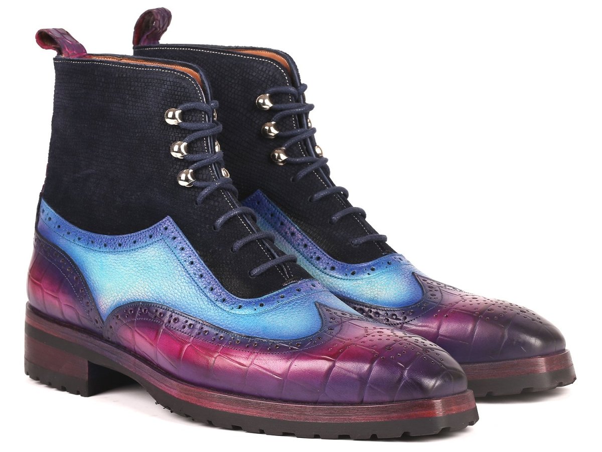 Paul Parkman Men's Wingtip Rubber Sole Boots in Purple, Light Blue and Navy