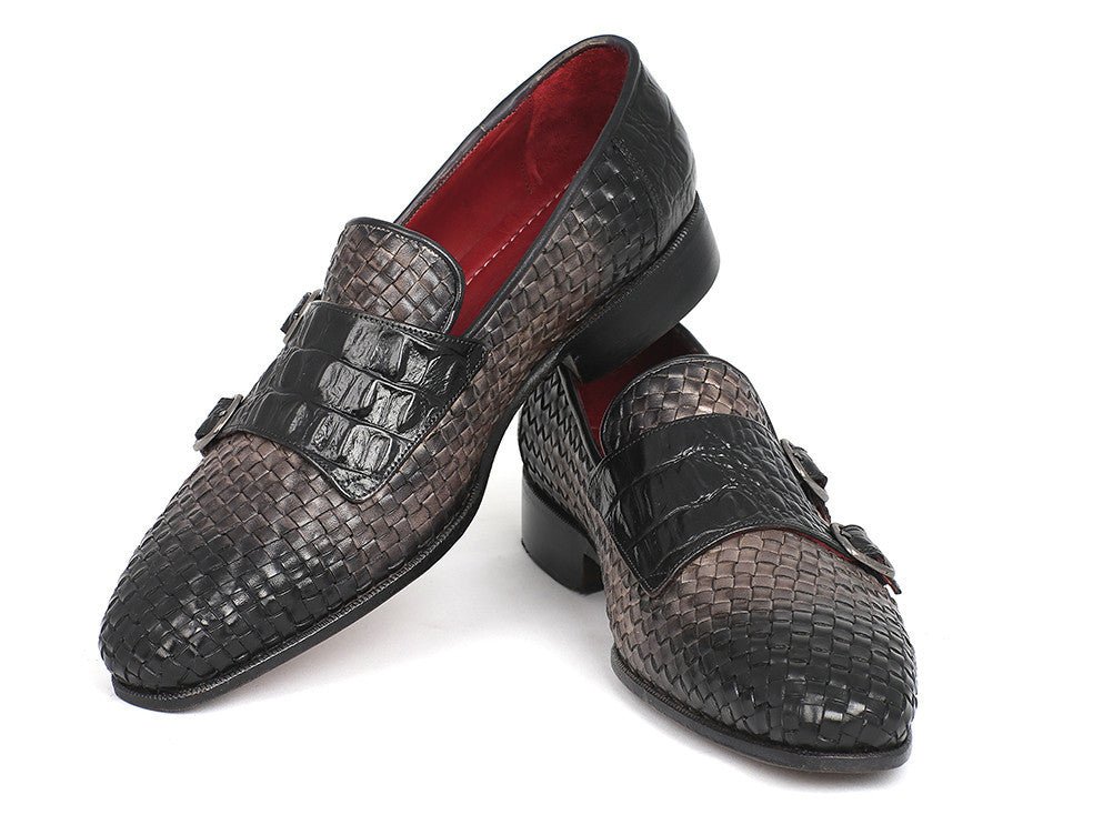 Paul Parkman Men's Woven and Croco Embossed Leather Monkstraps in Black and Gray