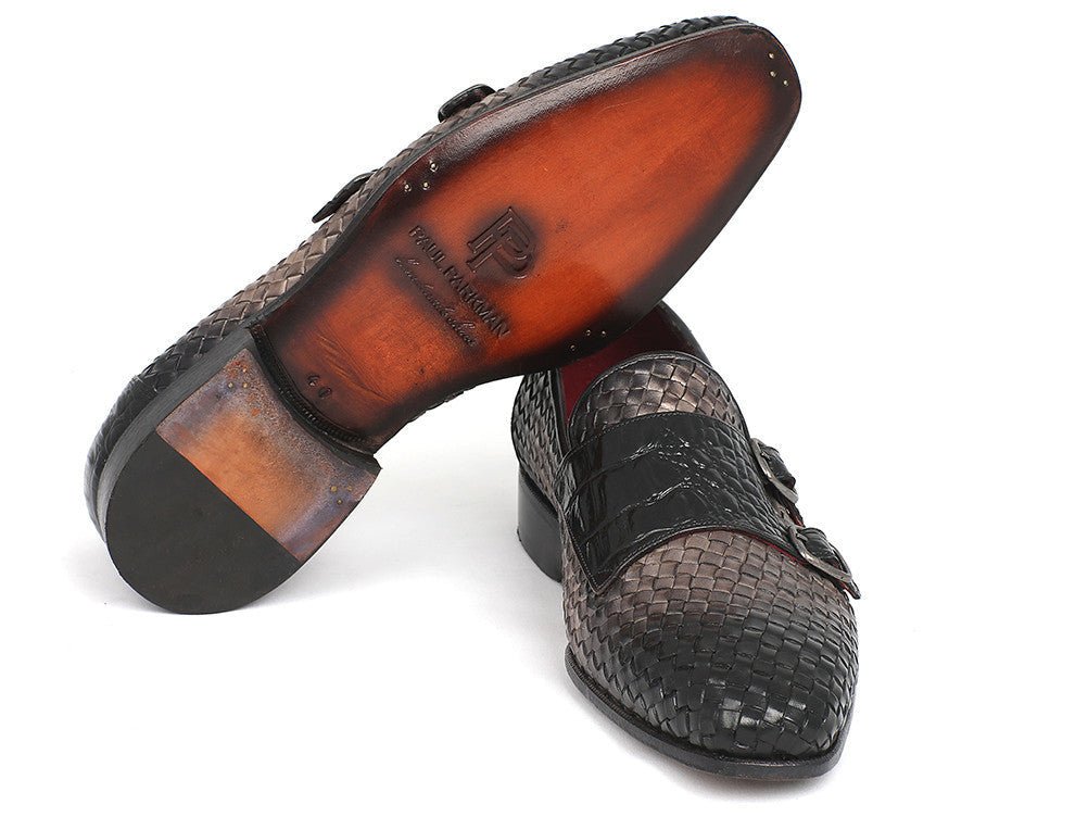 Paul Parkman Men's Woven and Croco Embossed Leather Monkstraps in Black and Gray
