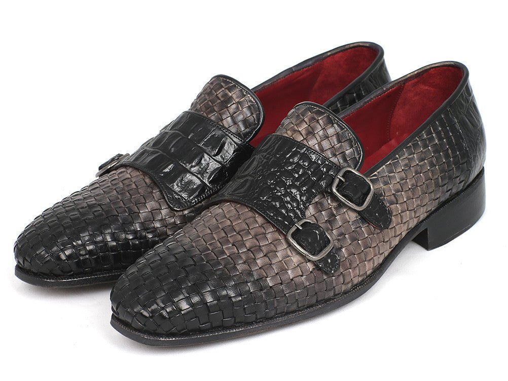 Paul Parkman Men's Woven and Croco Embossed Leather Monkstraps in Black and Gray
