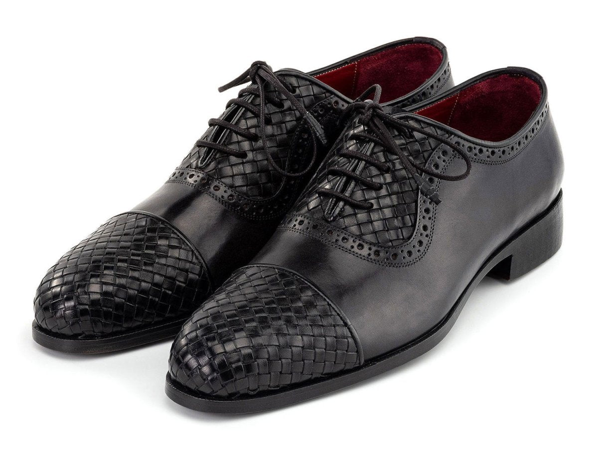 Paul Parkman Men's Woven Leather Cap Toe Oxford Shoes in Black