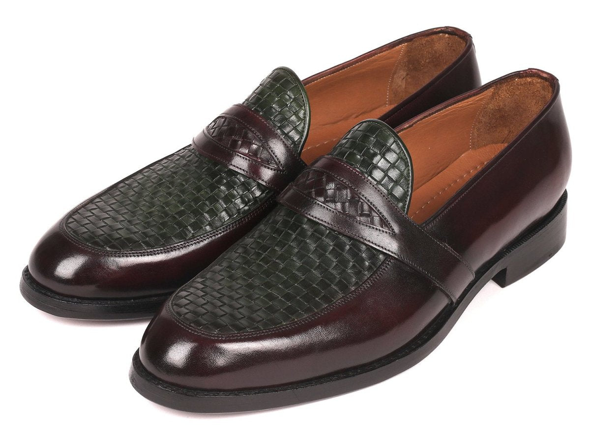 Paul Parkman Men's Woven Leather Loafers in Brown and Green