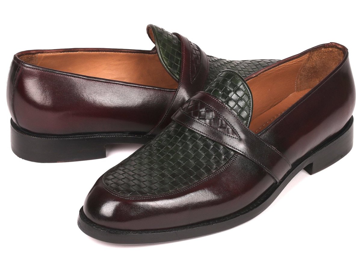 Paul Parkman Men's Woven Leather Loafers in Brown and Green