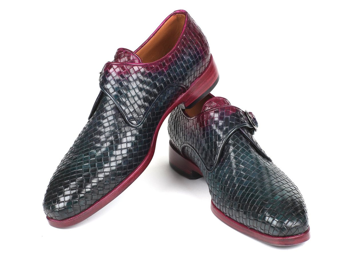 Paul Parkman Men's Woven Leather Single Monkstraps in Purple and Green