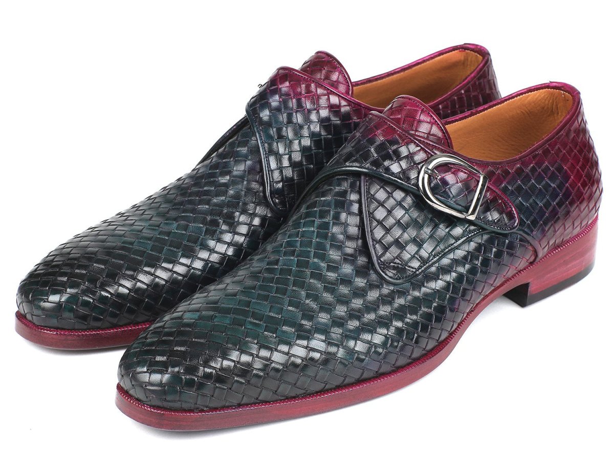 Paul Parkman Men's Woven Leather Single Monkstraps in Purple and Green
