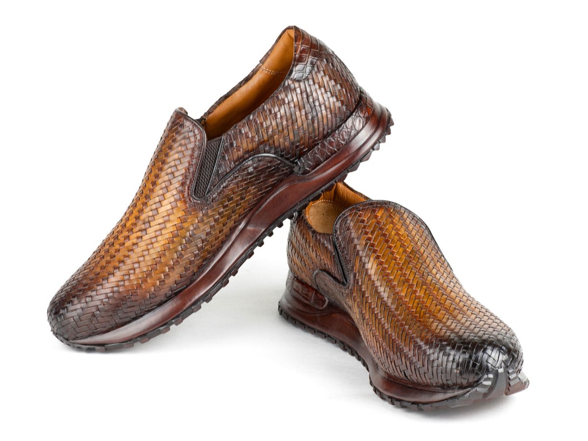 Paul Parkman Men's Woven Leather Slip On Sneakers in Brown