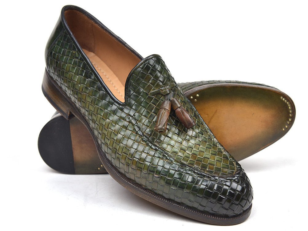 Paul Parkman Men's Woven Leather Tassel Loafers in Green