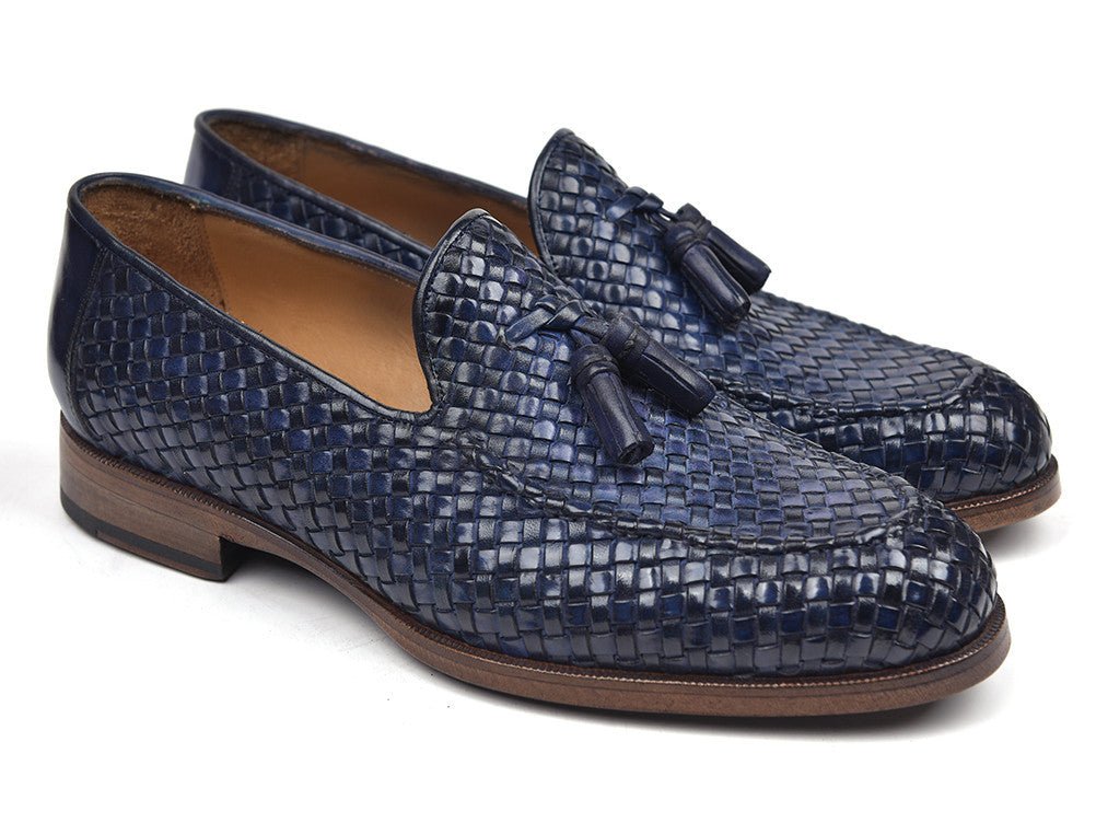 Paul Parkman Men's Woven Leather Tassel Loafers in Navy