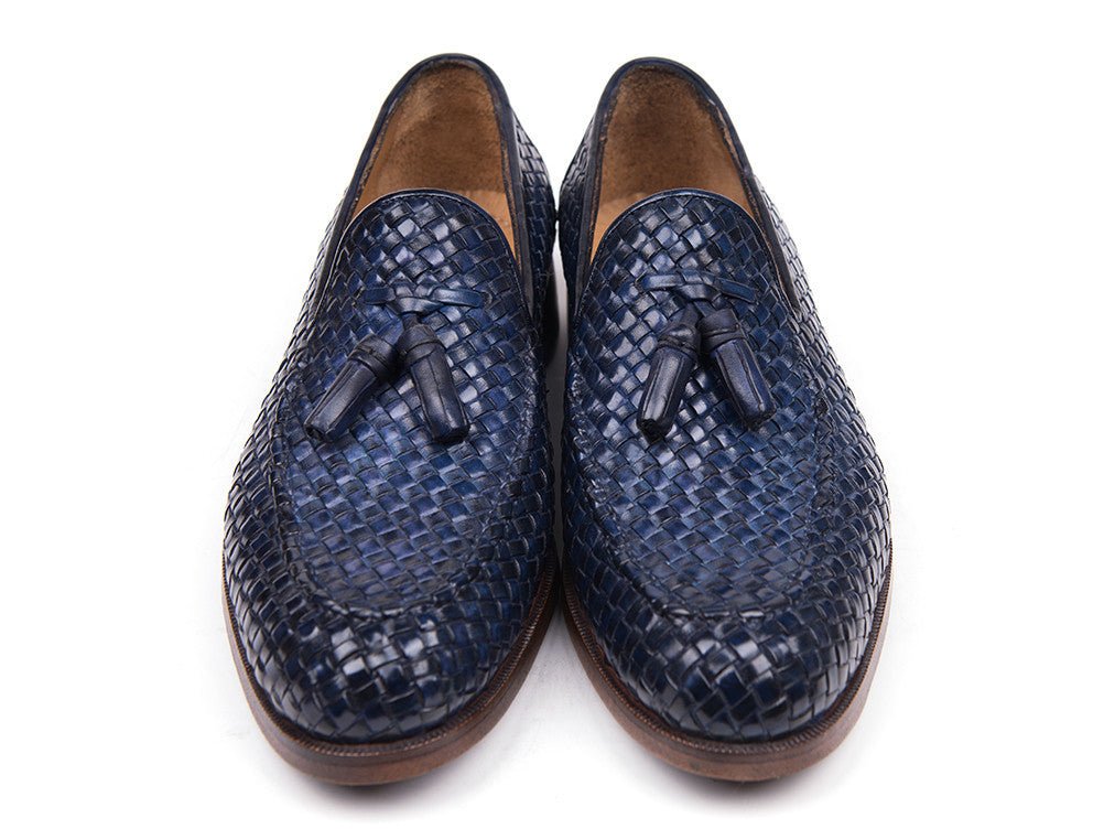 Paul Parkman Men's Woven Leather Tassel Loafers in Navy